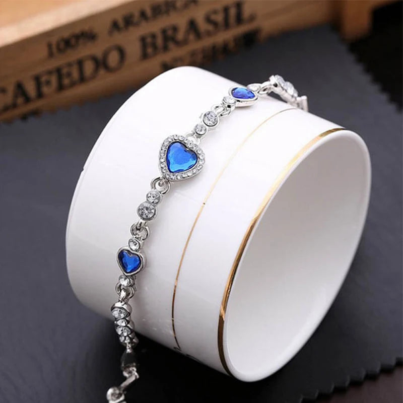 2025 New Female Luxury Lucky Bracelet For Women Blue Crystal Heart Charms Bracelet Bridal Wedding Engagement Fine Jewelry Gift