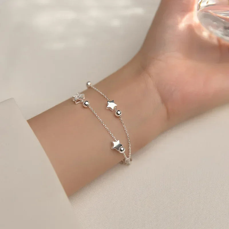 925 Sterling Silver Double Star Crystal Bracelet – Korean Fashion Jewelry for Women & Girls, Wedding & Gift Ready