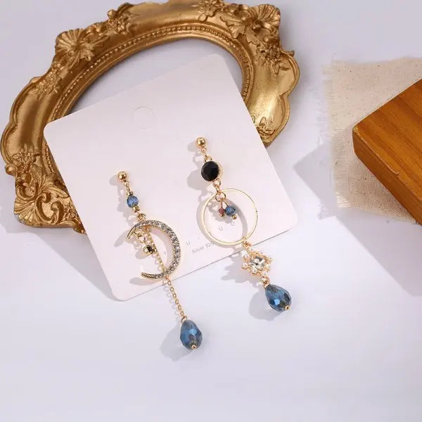 Korean Light Luxury Zircon Moon & Star Asymmetric Stud Earrings – Crystal Cloud Pearl Earrings for Women & Girls