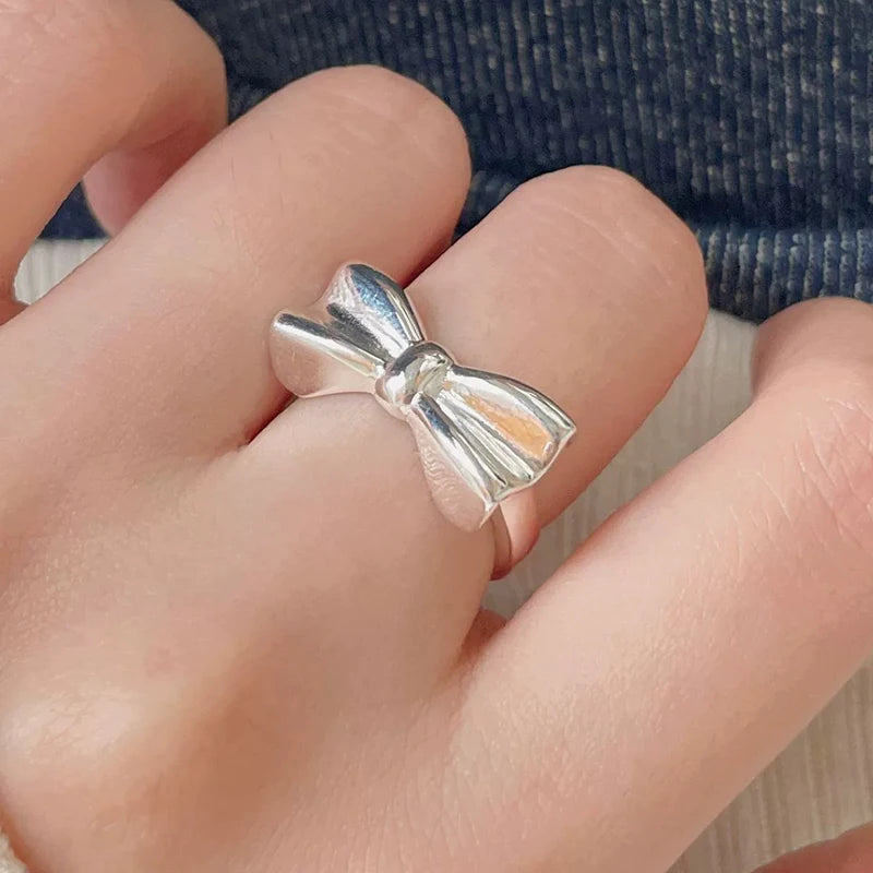 PANJBJ 925 Sterling Silver Bowknot Heart Ring – Adjustable Romantic Minimalist Jewelry Gift for Women