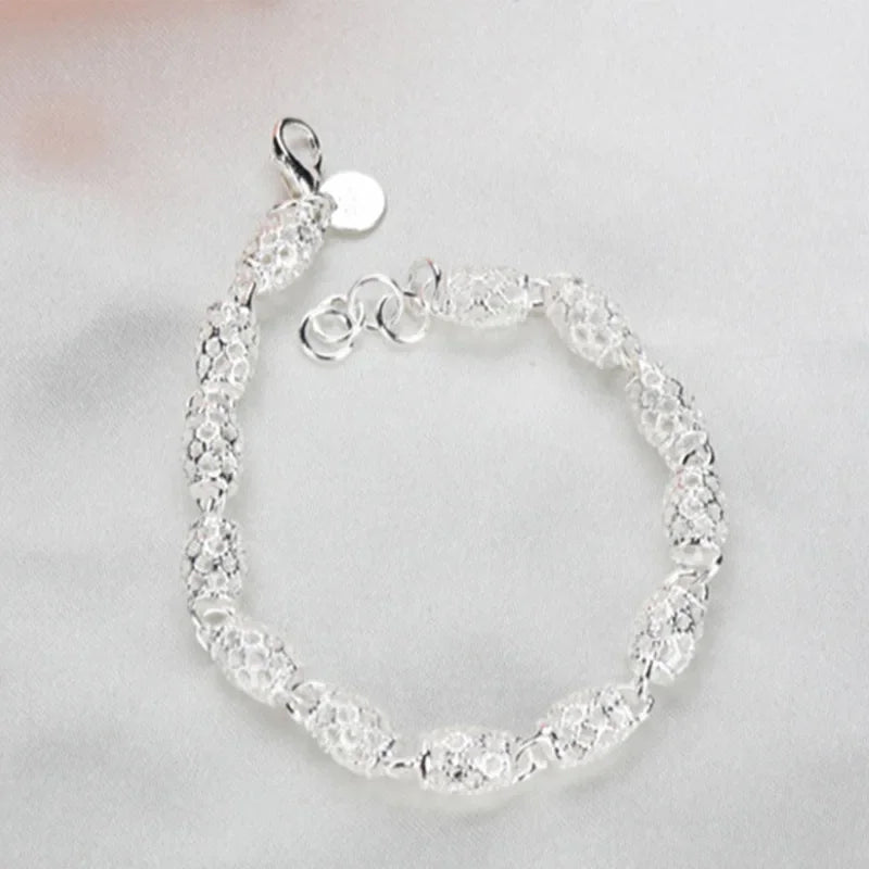 925 Sterling Silver Flower Bead Charm Bracelet for Women | Adjustable Hollow Ball Bracelet | Dainty Wedding, Party Jewelry Gift
