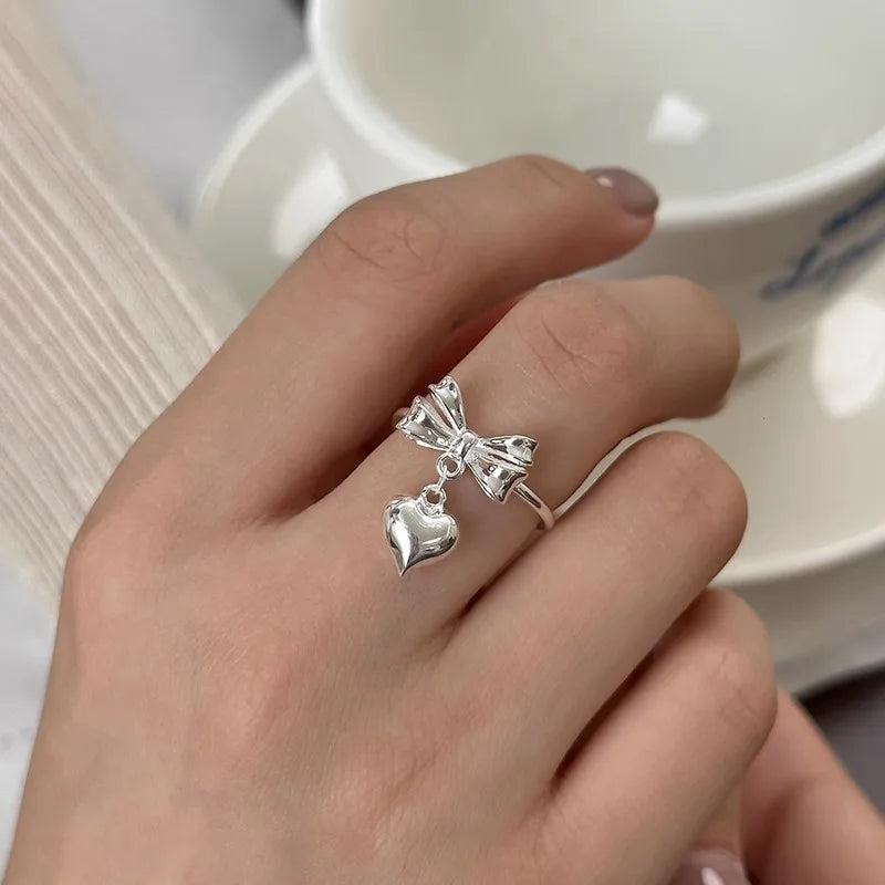 PANJBJ 925 Sterling Silver Bowknot Heart Ring – Adjustable Romantic Minimalist Jewelry Gift for Women