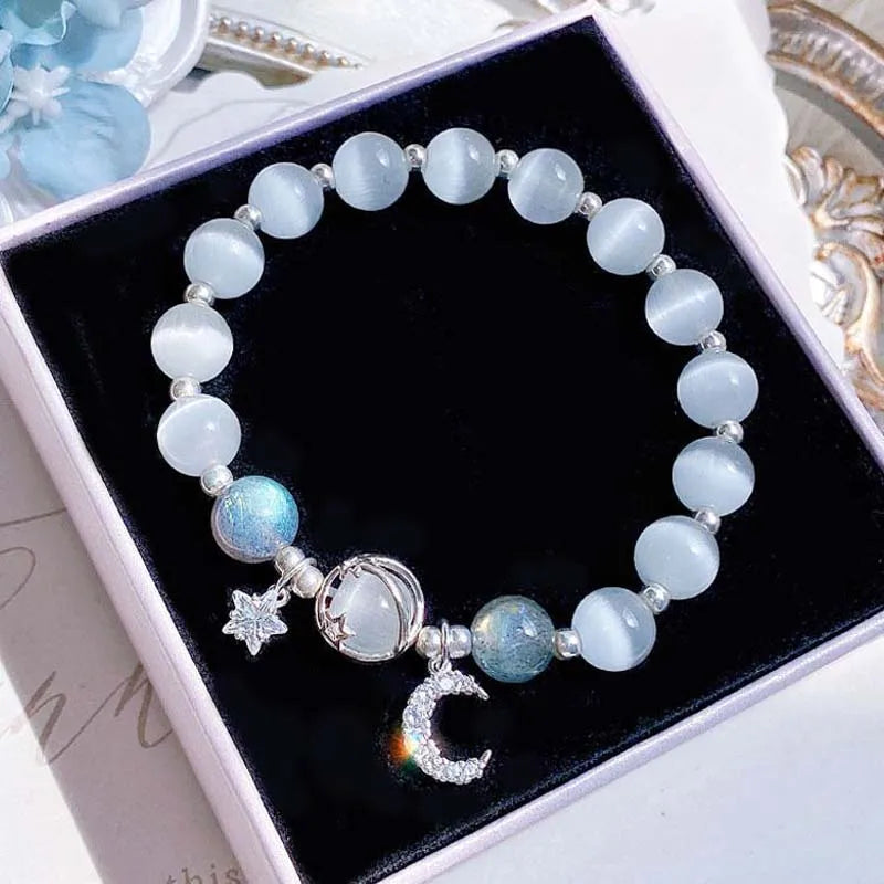 Fashion Crystal Opal Beaded Bracelet for Women Girls Sweet Star Moon Chain Pendant Charm Bracelets Wristband Jewelry Party Gifts