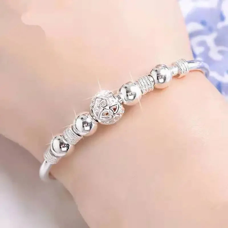 925 Sterling Silver Lucky Charms Bracelet – Adjustable Luxury Beads Bangle for Women