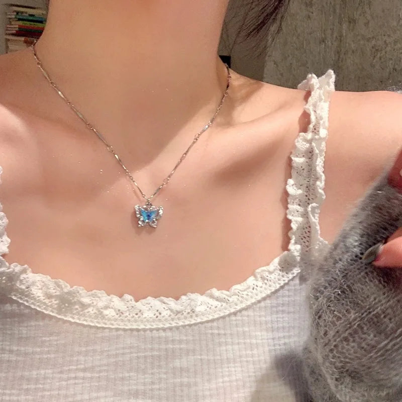 2pc Y2k Jewelry Crystal Blue Butterfly Pendant Choker Necklace Women Statement Collar Chain Layered Fashion Butterfly Necklace