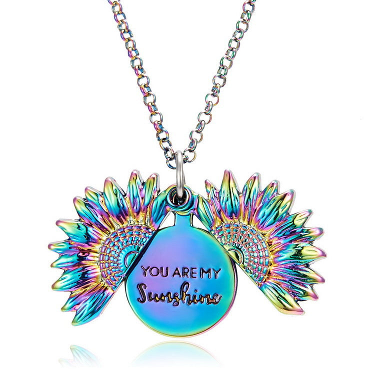 Cross-border hot item You Are My Sunshine Sunflower Necklace Openable Engraving Double-sided Pendant Necklace