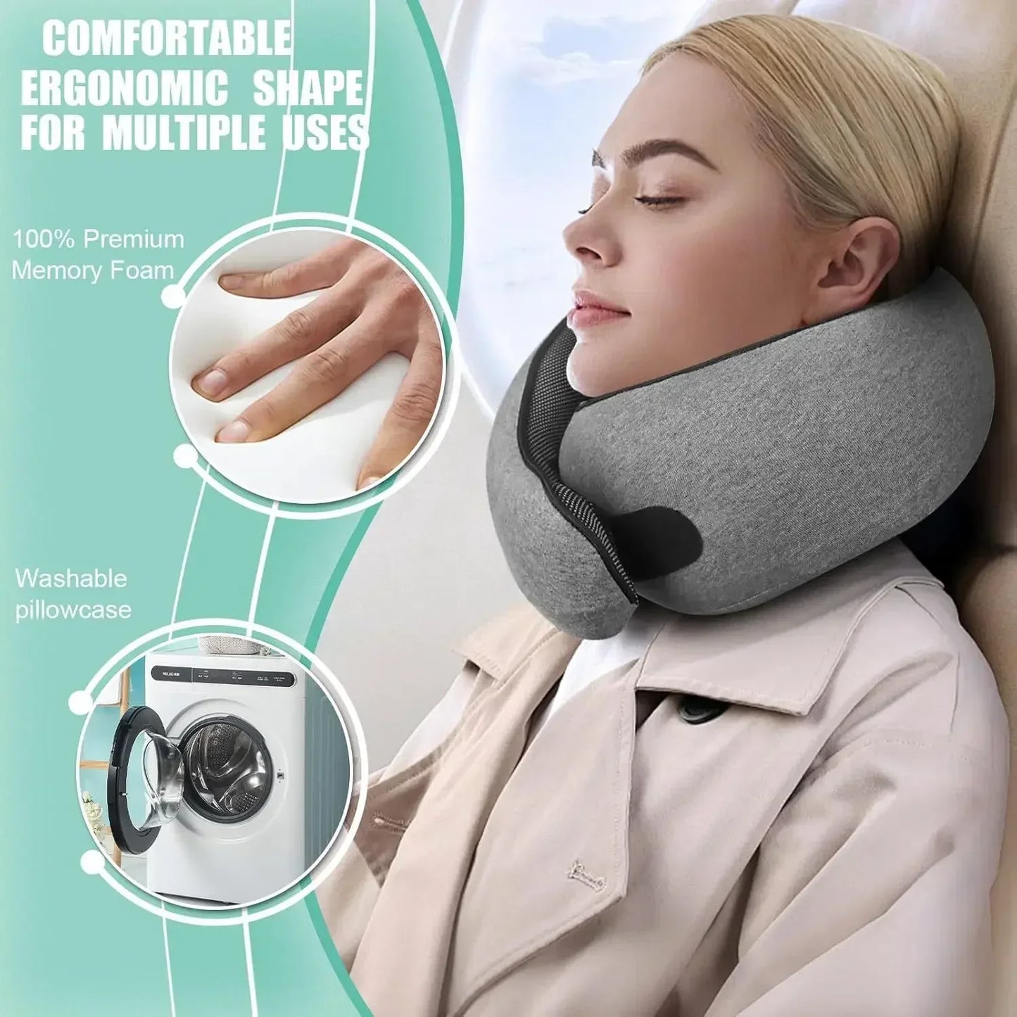 Ergonomic Memory Foam Travel Neck Pillow – Portable U-Shaped Snail Style for Airplane, Car, Office Nap & Home Use