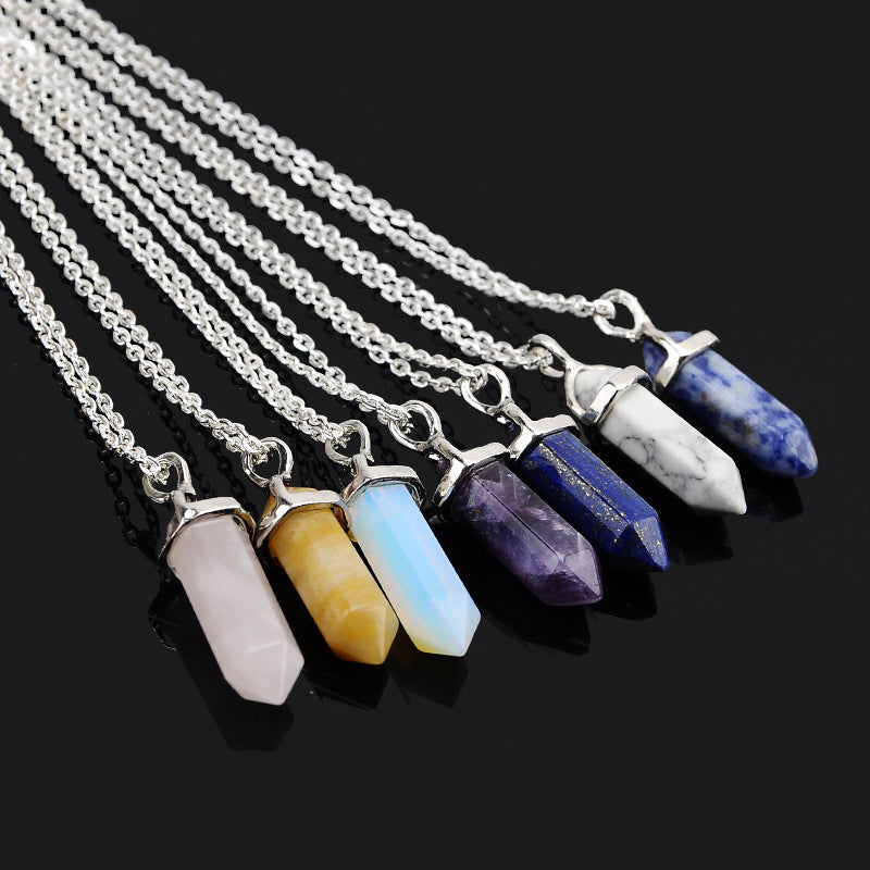 AliExpress Explosion Necklace Hexagonal Pendant Necklace Two Pointed Natural Stone Necklace Clavicle Chain 2540