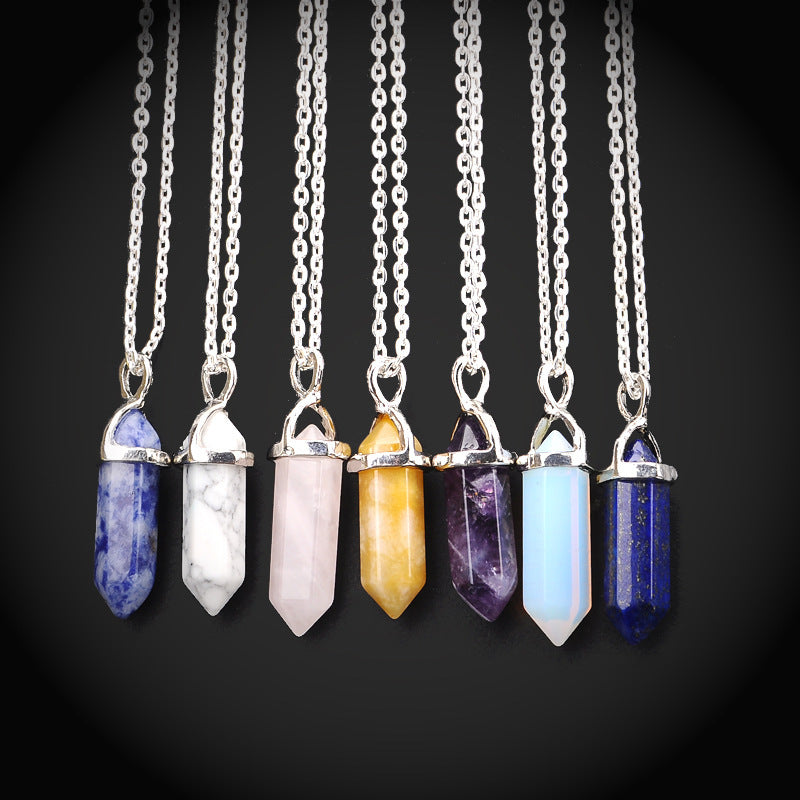 AliExpress Explosion Necklace Hexagonal Pendant Necklace Two Pointed Natural Stone Necklace Clavicle Chain 2540