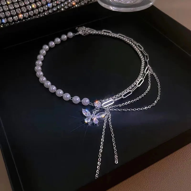 2pc Y2k Jewelry Crystal Blue Butterfly Pendant Choker Necklace Women Statement Collar Chain Layered Fashion Butterfly Necklace