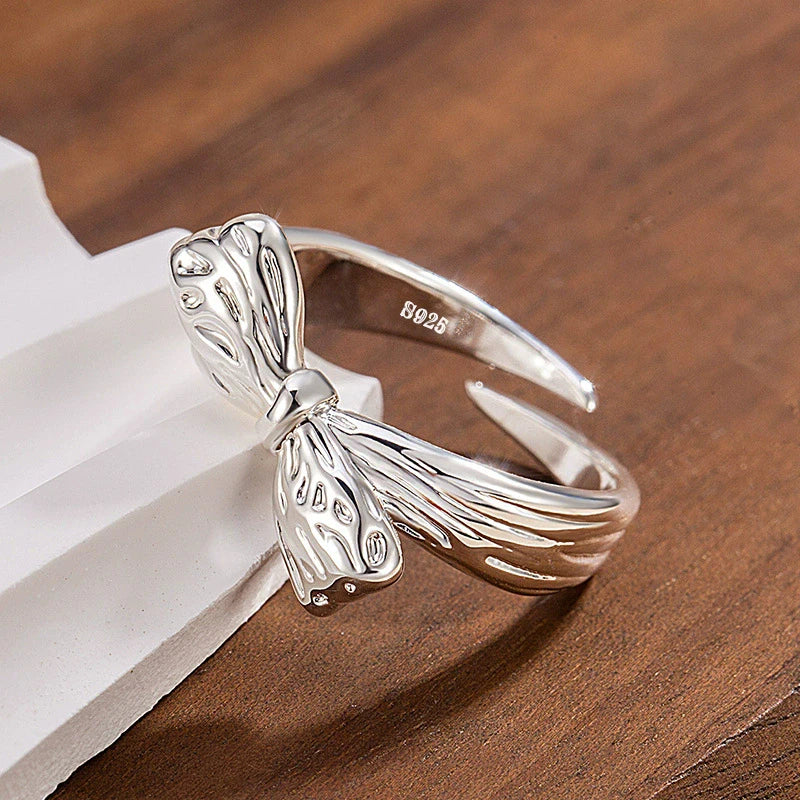 PANJBJ 925 Sterling Silver Bowknot Heart Ring – Adjustable Romantic Minimalist Jewelry Gift for Women