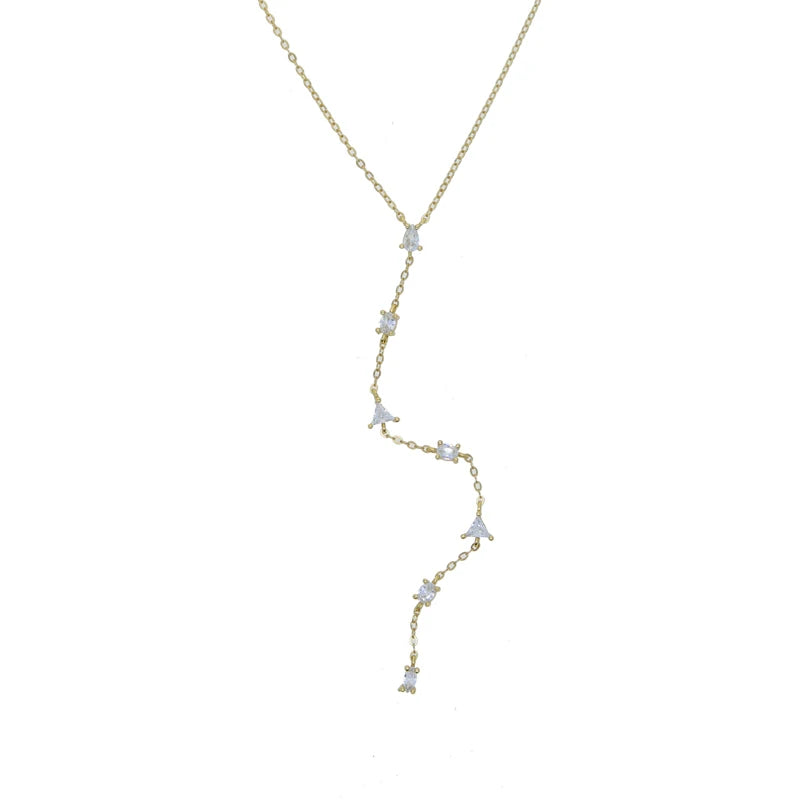 925 Sterling Silver Rose Gold Geometric CZ Y Lariat Necklace – Elegant Long Pendant Chain for Women