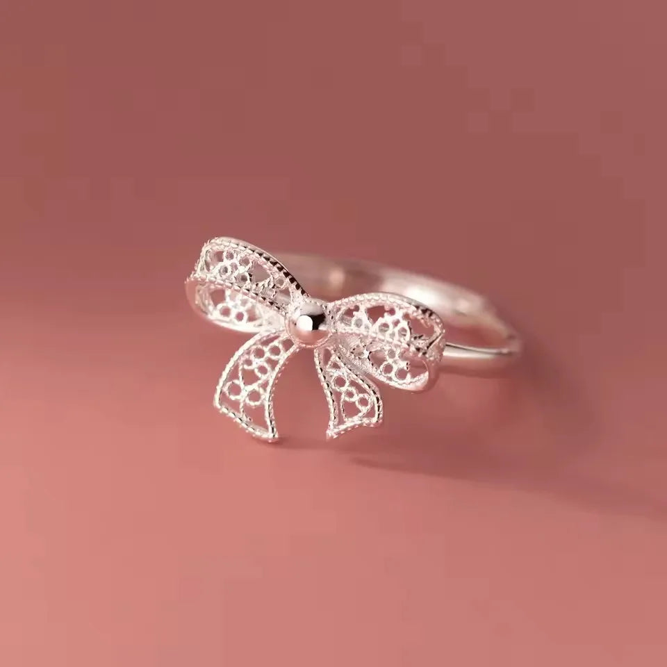 PANJBJ 925 Sterling Silver Bowknot Heart Ring – Adjustable Romantic Minimalist Jewelry Gift for Women