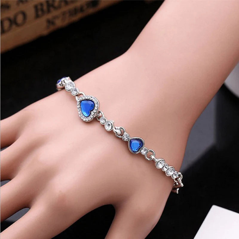 2025 New Female Luxury Lucky Bracelet For Women Blue Crystal Heart Charms Bracelet Bridal Wedding Engagement Fine Jewelry Gift
