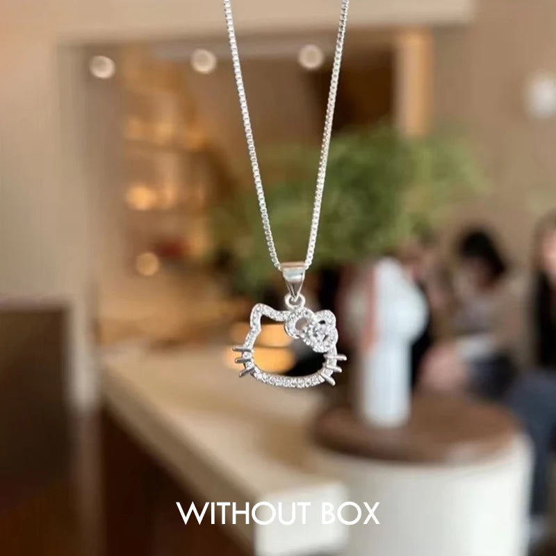Lovely Hello kitty Sanrio Anime Kids Chain Necklace Cute Cartoon Hollowed Kitty Crystal Ring for Women Girls Birthday Gift