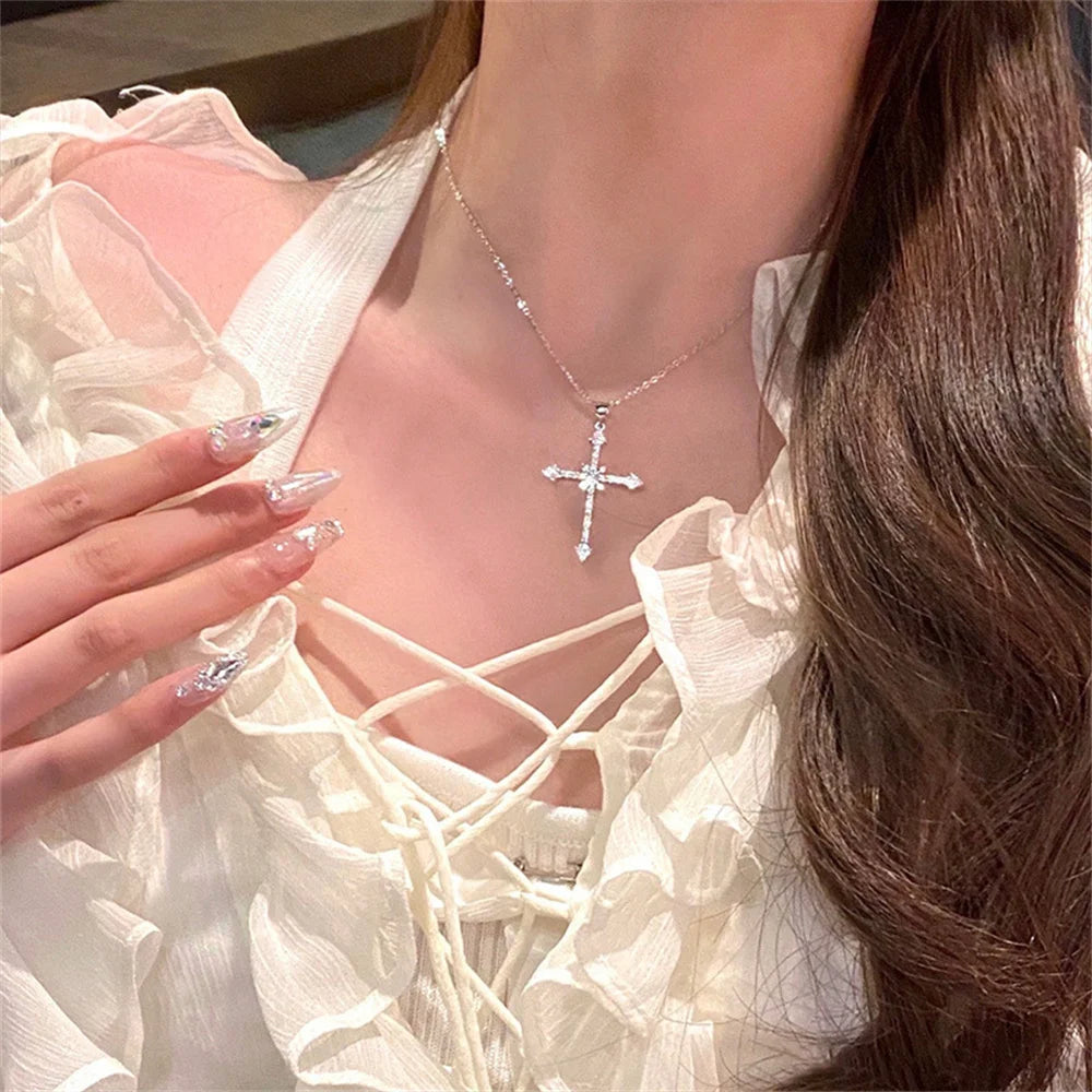 Elegant Crystal Cross Pendant Necklace – Silver Color Star Necklace for Women | Fashion Party Jewelry Gift Wholesale