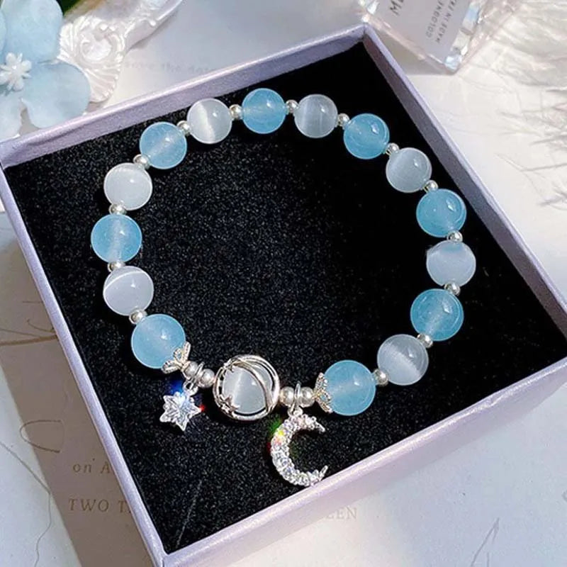 Fashion Crystal Opal Beaded Bracelet for Women Girls Sweet Star Moon Chain Pendant Charm Bracelets Wristband Jewelry Party Gifts