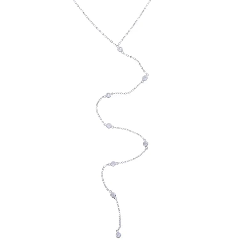 925 Sterling Silver Rose Gold Geometric CZ Y Lariat Necklace – Elegant Long Pendant Chain for Women
