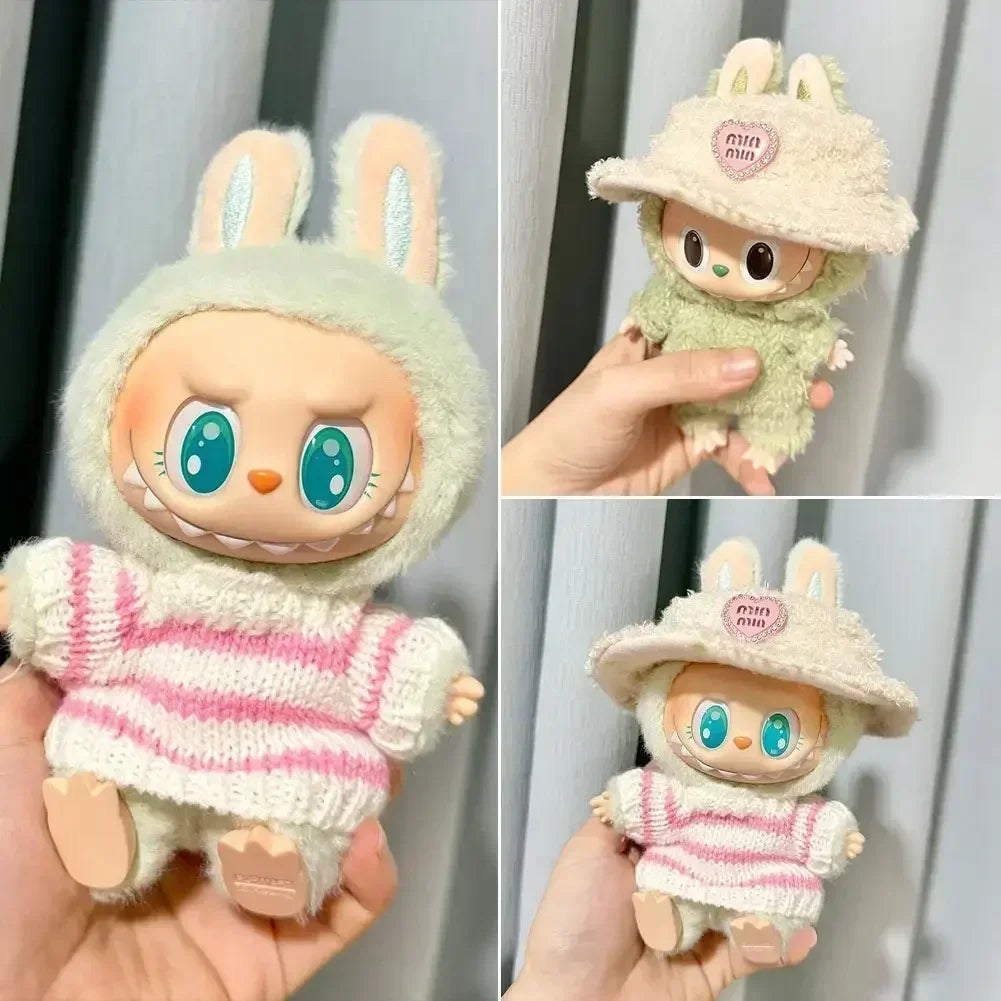 Labubu V1 V2 Idol Cute Doll Clothes – Fashion Sweater Outfit & Accessories | Pink & White Sitting Party Style