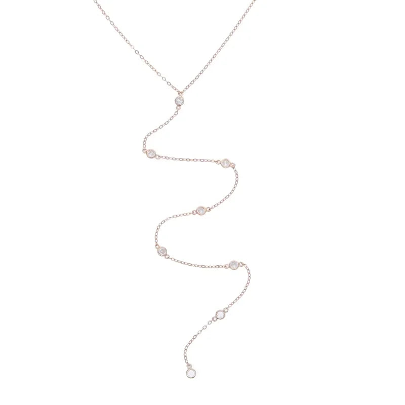 925 Sterling Silver Rose Gold Geometric CZ Y Lariat Necklace – Elegant Long Pendant Chain for Women
