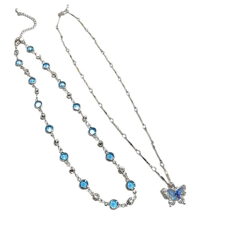 2pc Y2k Jewelry Crystal Blue Butterfly Pendant Choker Necklace Women Statement Collar Chain Layered Fashion Butterfly Necklace