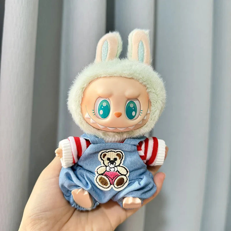 Mini Plush Doll Clothes – Labubu II Idol Jumpsuit Outfit Bib Pants for 17cm Dolls | Xmas, Party, Sitting Accessories (No Doll)
