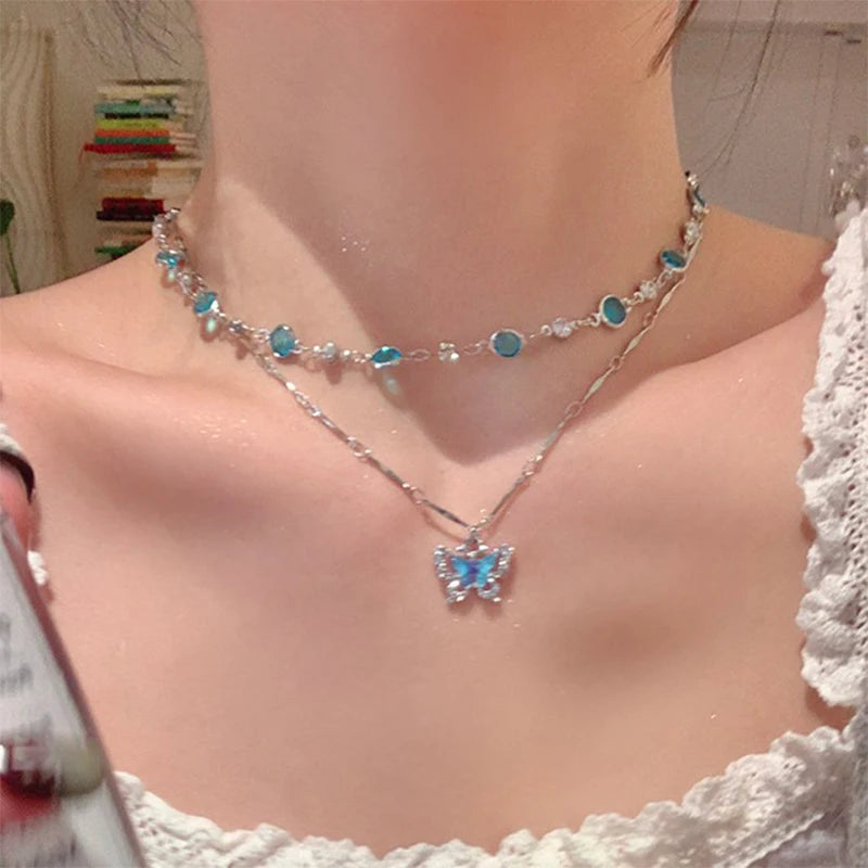 2pc Y2k Jewelry Crystal Blue Butterfly Pendant Choker Necklace Women Statement Collar Chain Layered Fashion Butterfly Necklace