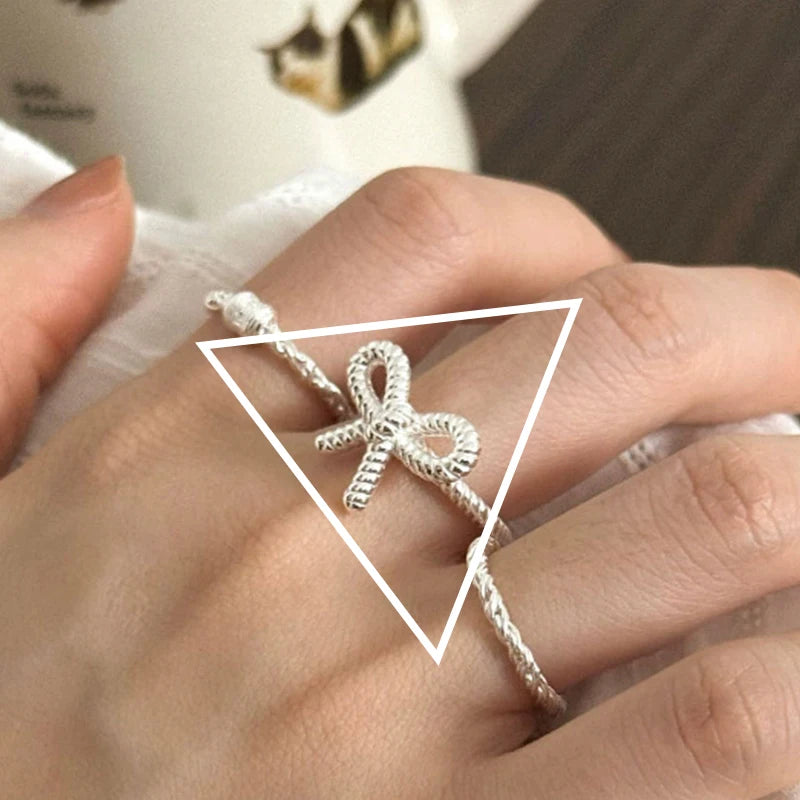 PANJBJ 925 Sterling Silver Bowknot Heart Ring – Adjustable Romantic Minimalist Jewelry Gift for Women