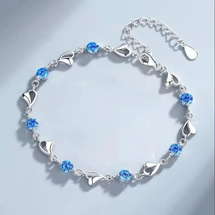 925 Sterling Silver Heart Necklace & Bracelet Set – Vintage Korean Blue Crystal Jewelry for Women | Party Gift Set