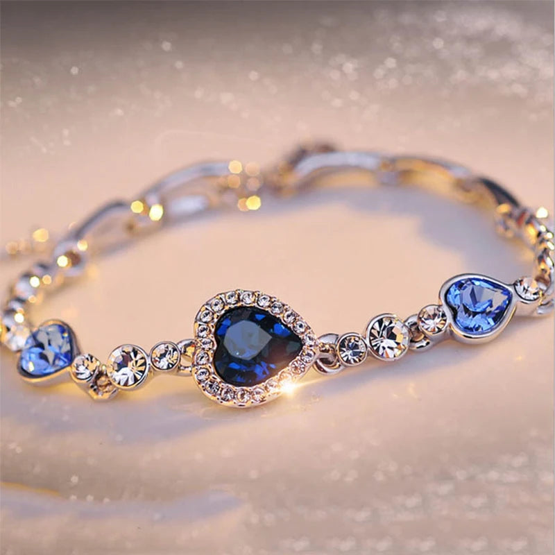 2025 New Female Luxury Lucky Bracelet For Women Blue Crystal Heart Charms Bracelet Bridal Wedding Engagement Fine Jewelry Gift