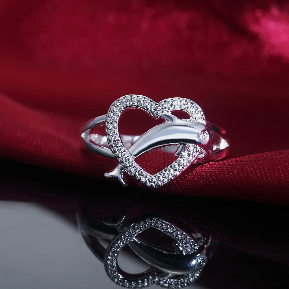 925 Sterling Silver Dolphin Heart Ring – Romantic Love Couple Ring for Women | Wedding & Party Gift Jewelry