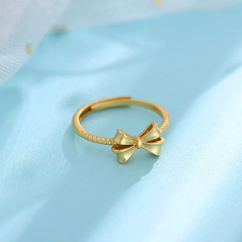 PANJBJ 925 Sterling Silver Bowknot Heart Ring – Adjustable Romantic Minimalist Jewelry Gift for Women