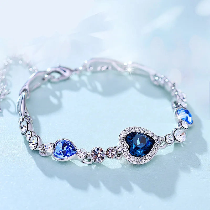 2025 New Female Luxury Lucky Bracelet For Women Blue Crystal Heart Charms Bracelet Bridal Wedding Engagement Fine Jewelry Gift