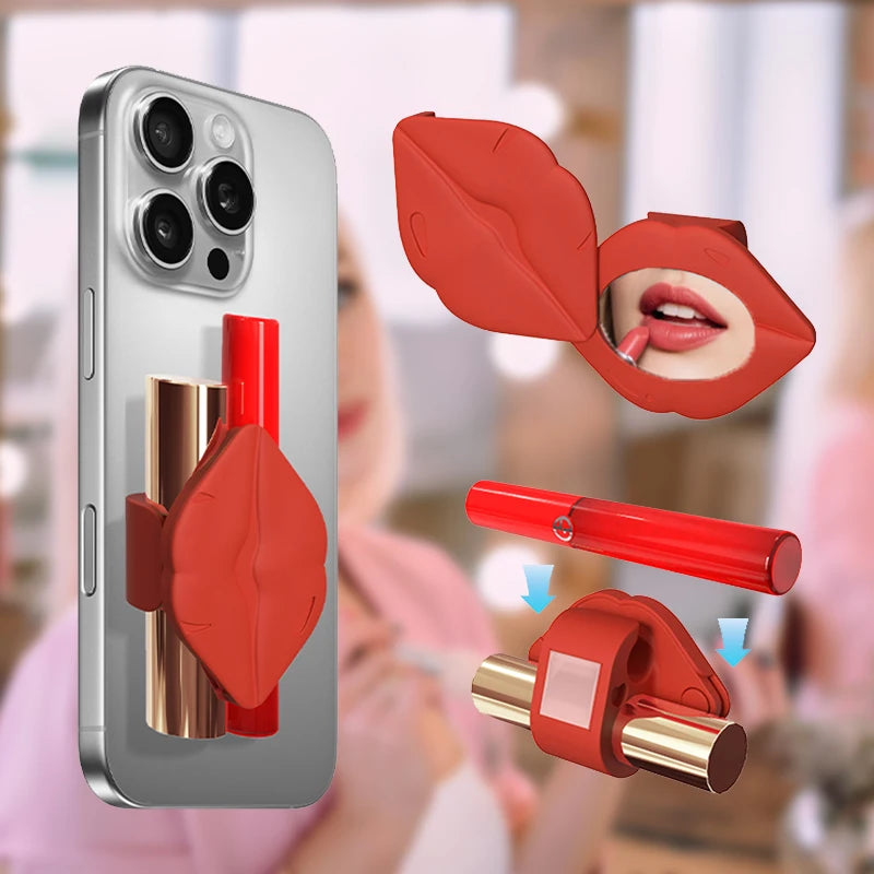 Phone Cover with Mirror and Lip Gloss Holder, Self-Adhesive Silicone Smartphone Case