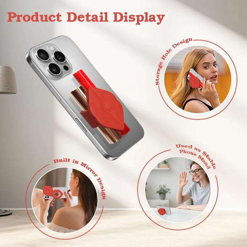 Phone Cover with Mirror and Lip Gloss Holder, Self-Adhesive Silicone Smartphone Case