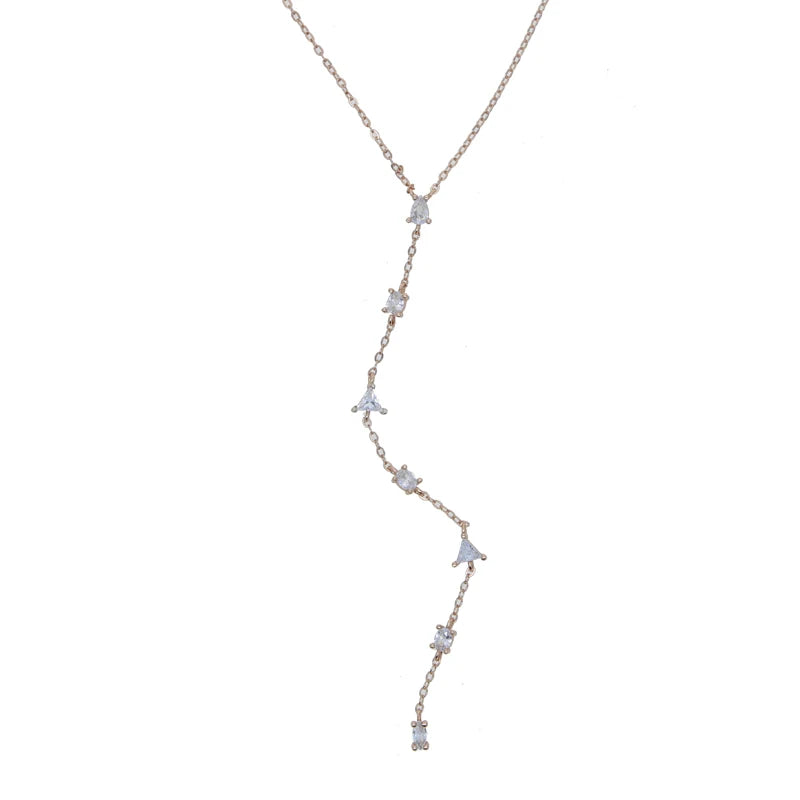 925 Sterling Silver Rose Gold Geometric CZ Y Lariat Necklace – Elegant Long Pendant Chain for Women
