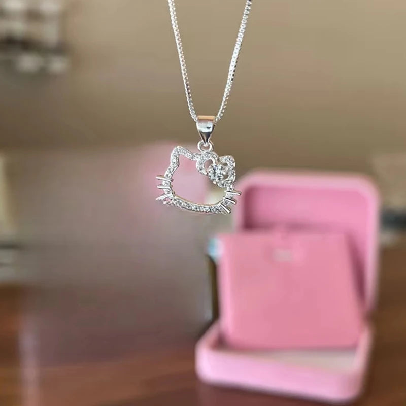 Lovely Hello kitty Sanrio Anime Kids Chain Necklace Cute Cartoon Hollowed Kitty Crystal Ring for Women Girls Birthday Gift