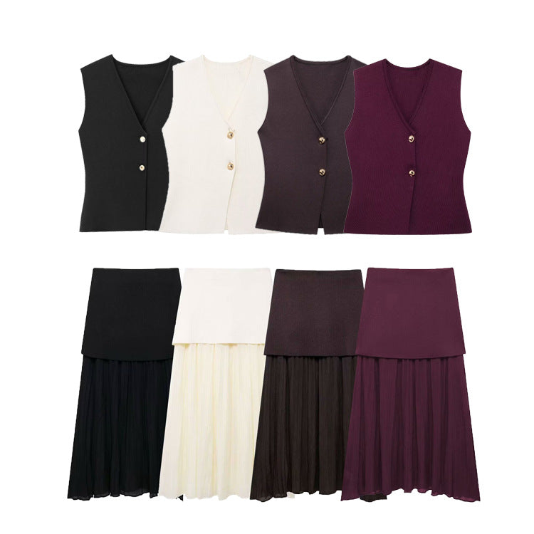 TRAFZA 2-Piece Knitted Vest & Skirt Set – European & American INS Style | Women's Casual Fashion Sleeveless Autumn Outfit