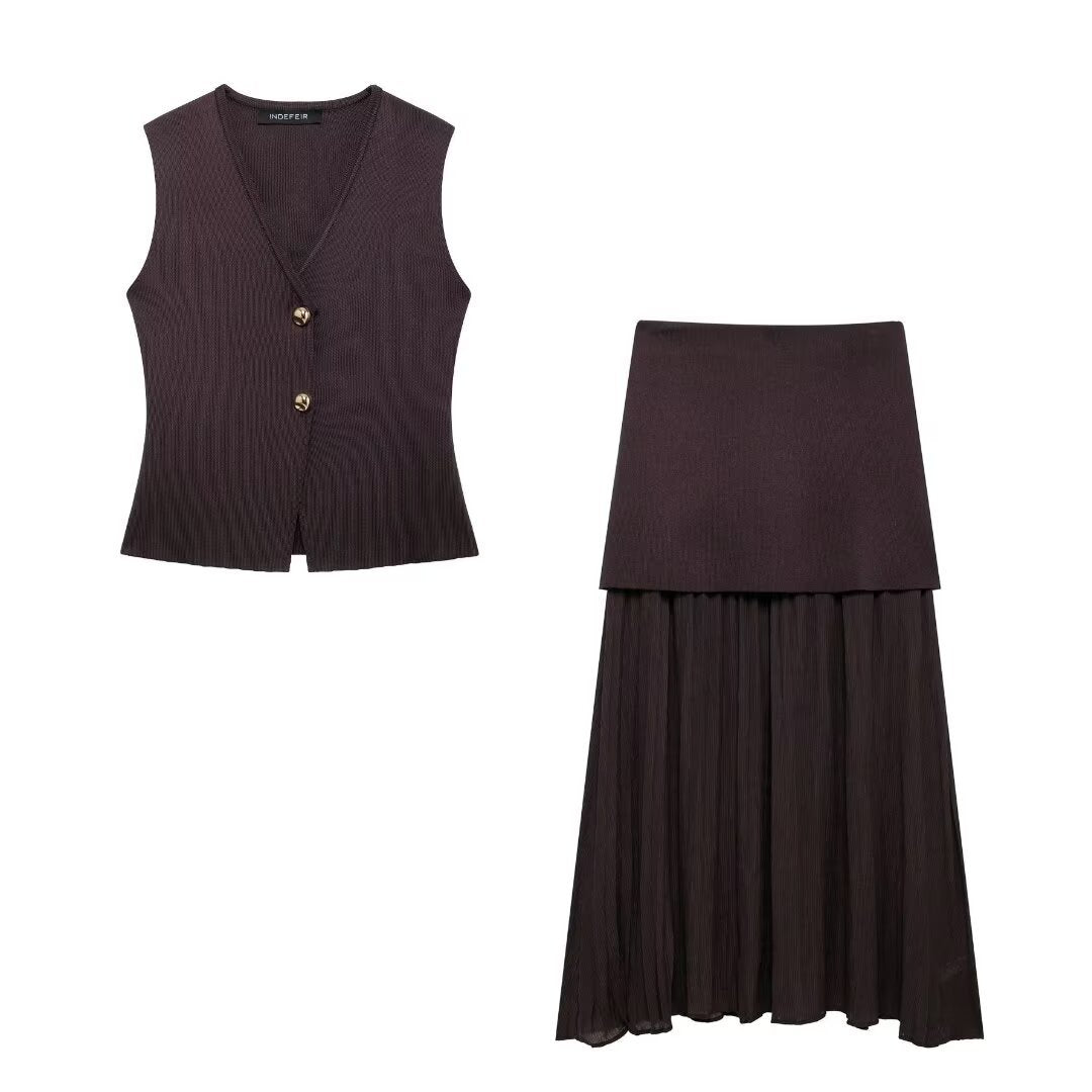 TRAFZA 2-Piece Knitted Vest & Skirt Set – European & American INS Style | Women's Casual Fashion Sleeveless Autumn Outfit