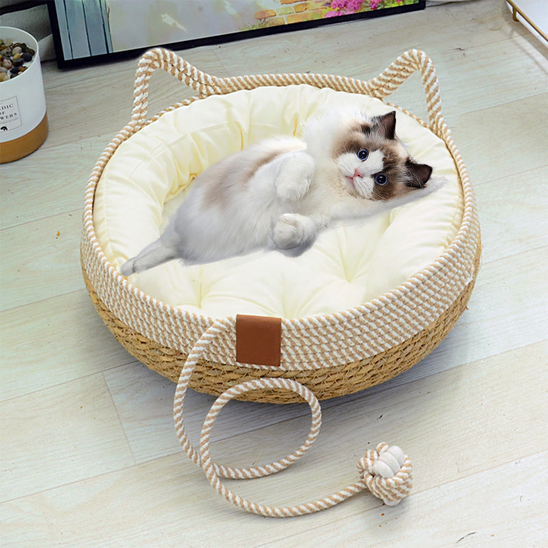 Universal straw woven winter warm cat bed cat grass woven cat supplies four seasons super large pet bed spot cross-border