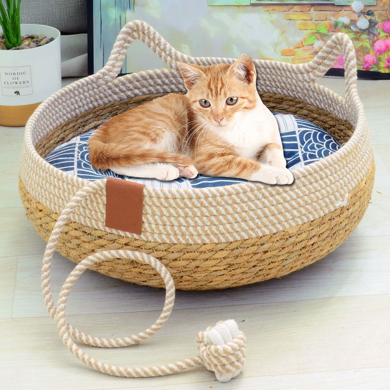 Universal straw woven winter warm cat bed cat grass woven cat supplies four seasons super large pet bed spot cross-border