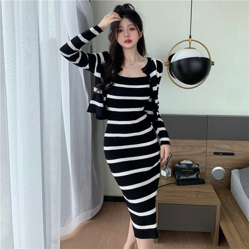 Retro striped knitted suspender skirt for women 2025 early autumn new long-sleeved cardigan mid-length dress two-piece suit