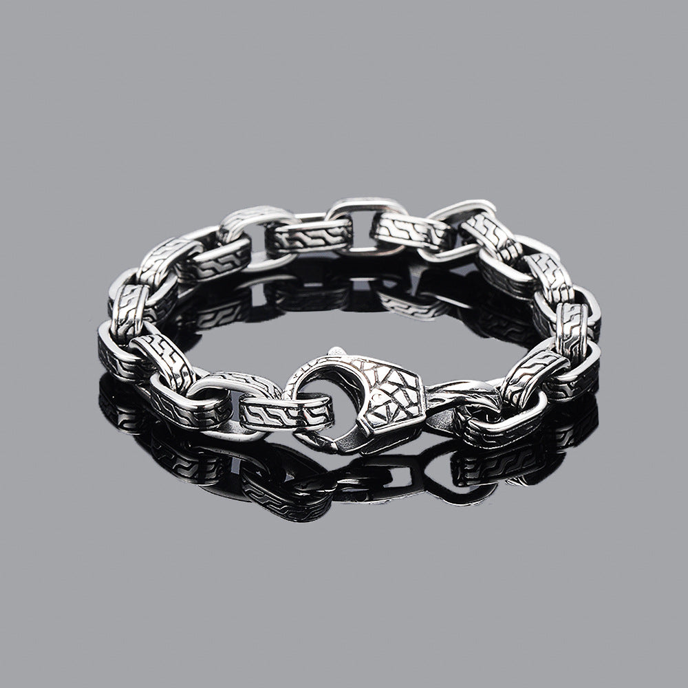 European and American cross-border hot-selling heavy-duty hip-hop men's titanium steel bracelet, trendy and cool personality retro pattern hand jewelry, direct sales