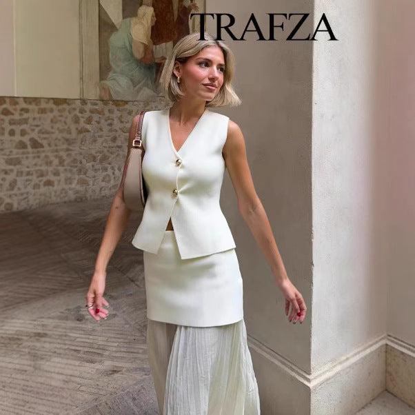 TRAFZA 2-Piece Knitted Vest & Skirt Set – European & American INS Style | Women's Casual Fashion Sleeveless Autumn Outfit