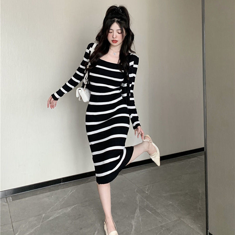 Retro striped knitted suspender skirt for women 2025 early autumn new long-sleeved cardigan mid-length dress two-piece suit