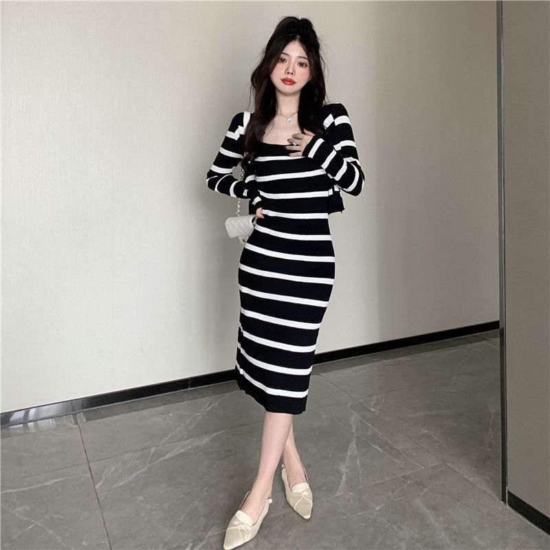 Retro striped knitted suspender skirt for women 2025 early autumn new long-sleeved cardigan mid-length dress two-piece suit