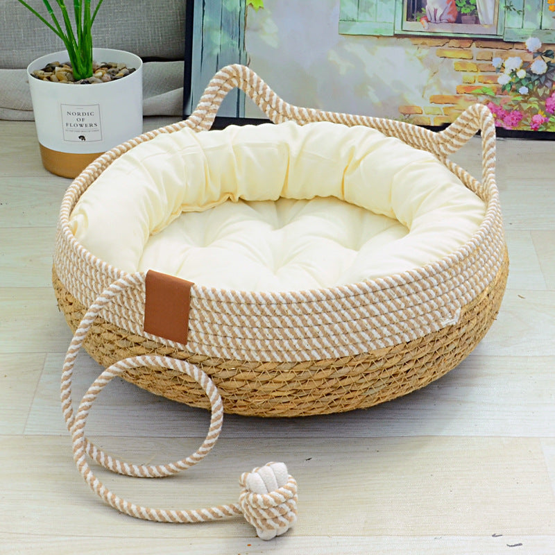 Universal straw woven winter warm cat bed cat grass woven cat supplies four seasons super large pet bed spot cross-border
