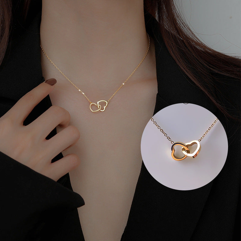 Korean version of 18k gold simple double-ring love clavicle chain titanium steel non-fading Internet celebrity necklace niche ins jewelry wholesale
