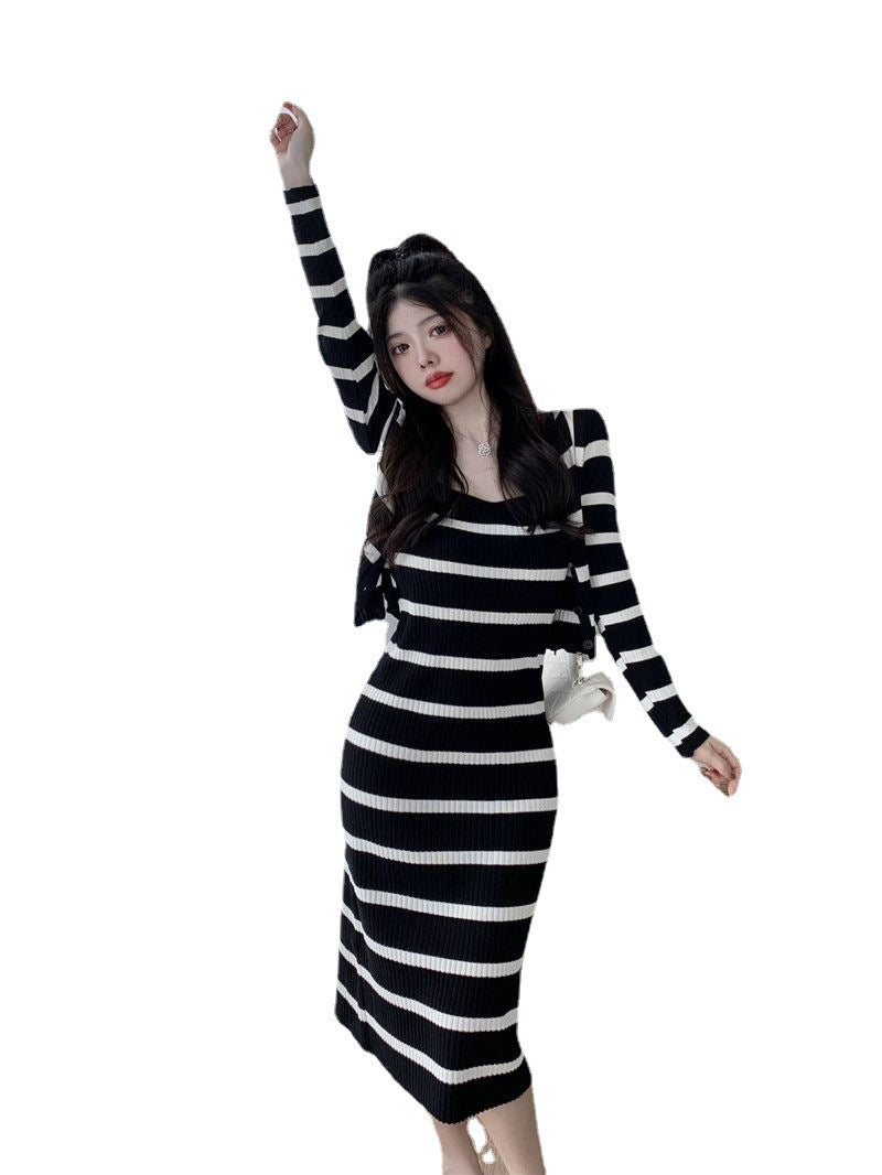 Retro striped knitted suspender skirt for women 2025 early autumn new long-sleeved cardigan mid-length dress two-piece suit