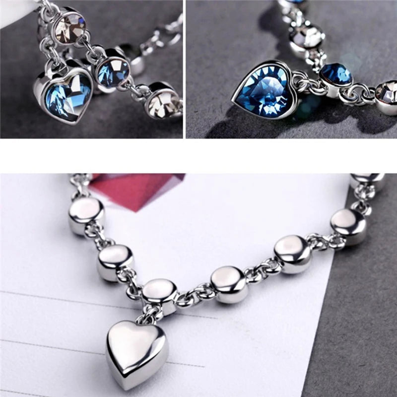 Silver Heart Charm Bracelet – Blue Crystal Lucky Pulsera for Women | Elegant Wedding & Gift Jewelry
